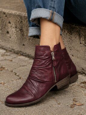 Miz Mooz Lucy Ruched Leather Ankle Boots Bordeaux Burgundy EU 36 / US 6